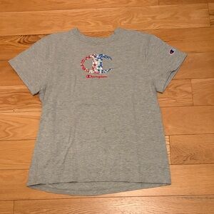 Champion Heather Gray Short Sleeve Tee red white and blue logo